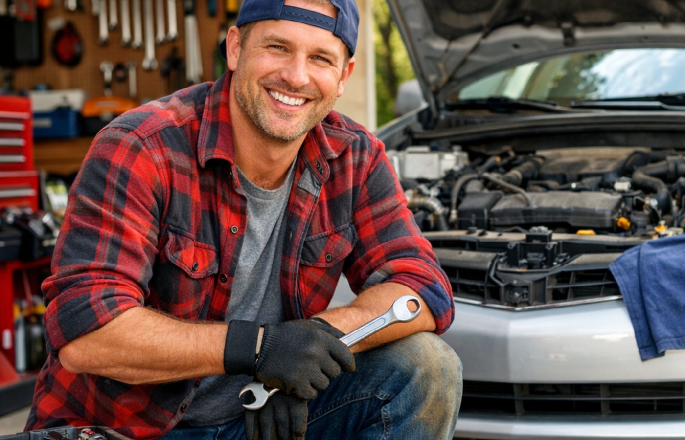 Mechanic smiling beside a vehicle in a home garage